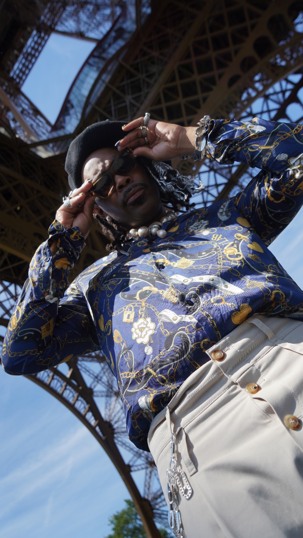 FYRE. under the Eiffel Tower, chain-print shirt